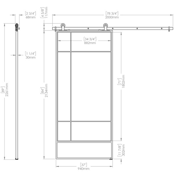 Renin Bastille Clear Glass Metal Barn Door with Installation Hardware Kit 37 in. - KMCTBTC-37BL