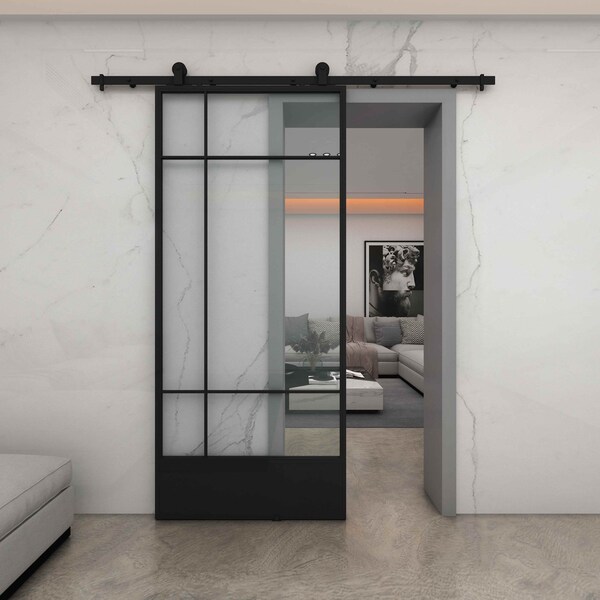 Renin Bastille Clear Glass Metal Barn Door with Installation Hardware Kit 37 in. - KMCTBTC-37BL