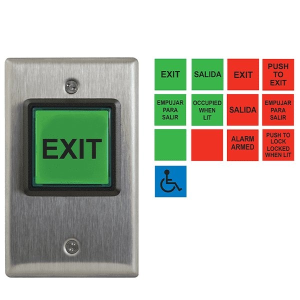 Camden Camden:  LED illuminated exit switch English and Spanish insert labels, 12V - 28V LED Illuminated - CMD-CM-30U