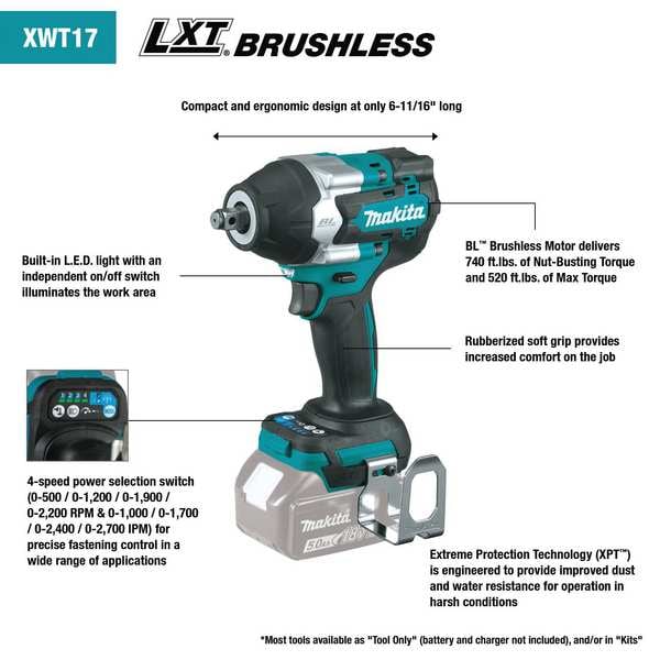 Makita Impact Wrench Kit, Cordless, 18V DC, 6 5/8 - XWT17T