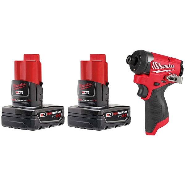 Milwaukee Tool M12 Battery 2PK + 1/4" Hex Impact Driver - 48-11-2412, 3453-20
