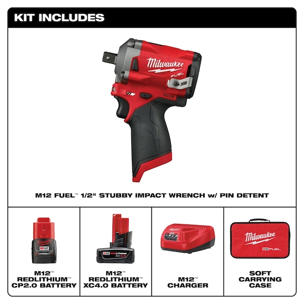 Milwaukee Tool M12 FUEL 1/2” Stubby Impact Wrench w/ Pin Detent Kit - 2555P-22