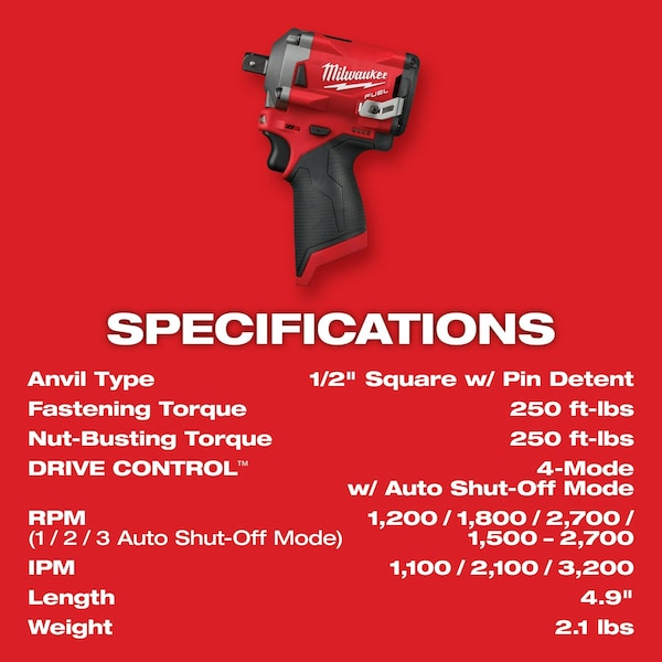 Milwaukee Tool M12 FUEL 1/2” Stubby Impact Wrench w/ Pin Detent Kit - 2555P-22