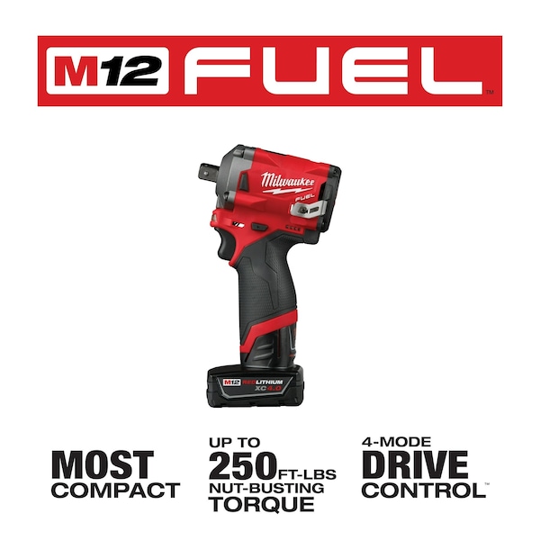 Milwaukee Tool M12 FUEL 1/2” Stubby Impact Wrench w/ Pin Detent Kit - 2555P-22