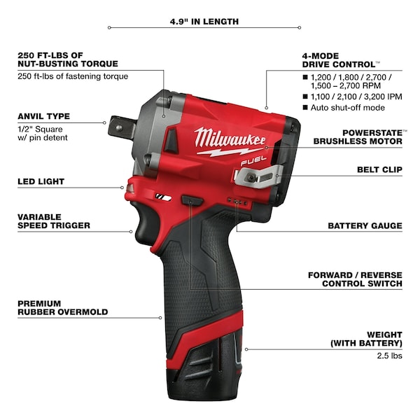 Milwaukee Tool M12 FUEL 1/2” Stubby Impact Wrench w/ Pin Detent Kit - 2555P-22