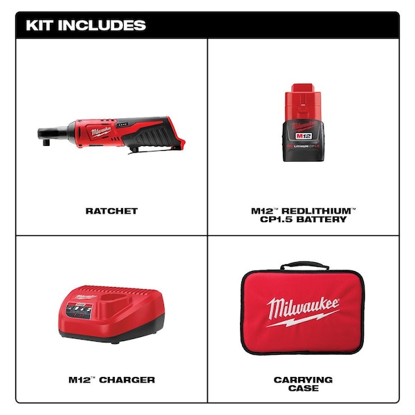 Milwaukee Tool M12  Cordless Ratchet Kit, (1) 1.5Ah, (1) 2.0Ah Batteries - 2457-21, 48-11-2420