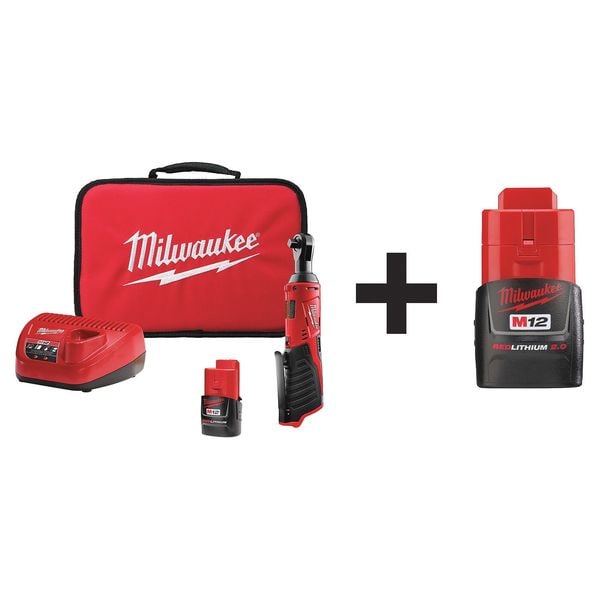 Milwaukee Tool M12  Cordless Ratchet Kit, (1) 1.5Ah, (1) 2.0Ah Batteries - 2457-21, 48-11-2420