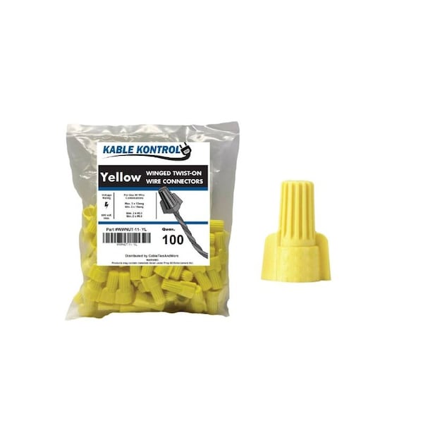 Kable Kontrol Kable Kontrol® Electrical Wire Connectors Nuts - Winged - Fits Wire 18 - 12 AWG - 100 Pcs - Yellow - WWNUT-11-YW-100