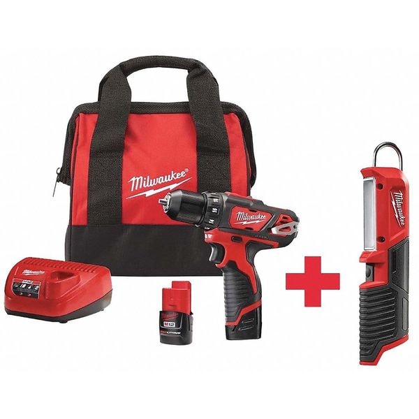 Milwaukee Tool M12 Cordless Drill/Driver Kit, 3/8 in, 12V DC, Battery Included Cordless Drill - 2407-22, 2351-20