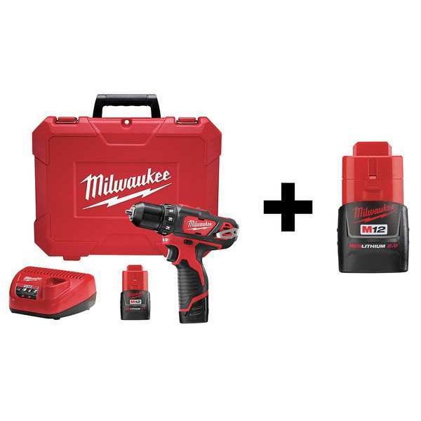 Milwaukee Tool M12 Cordless Drill/Driver Kit, 3/8 in, 12V DC, Battery Included Cordless Drill - 7DF46