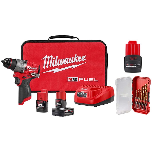 Milwaukee Tool Drill/Driver Kit, 12V DC, Keyless, Includes Batteries, Charger & Bit Set - 3403-22, 48-11-2425, 48-89-4670