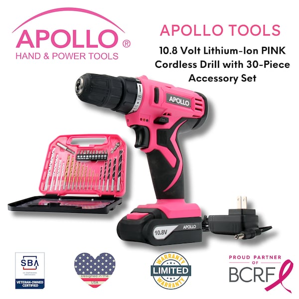 Apollo Tools 10.8 V Lithium-Ion Cordless Drill with 30 Piece Accessory Set - DT4937P