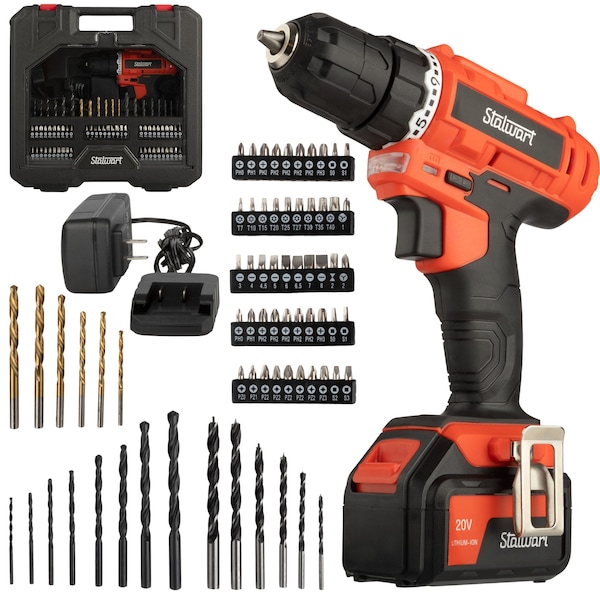 Stalwart 71-Piece Drill Set - 20V Cordless Drill with 21+1 Torque & Accessory Kit by Red, 71PK - 75-PT2019