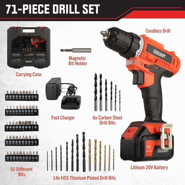 Stalwart 71-Piece Drill Set - 20V Cordless Drill with 21+1 Torque & Accessory Kit by Red, 71PK - 75-PT2019