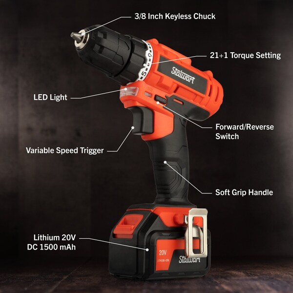 Stalwart 71-Piece Drill Set - 20V Cordless Drill with 21+1 Torque & Accessory Kit by Red, 71PK - 75-PT2019