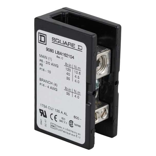 Square D Pwr Dist Block, 175A, 1P, 2/0-6AWG, 600VAC - 9080LBA162104