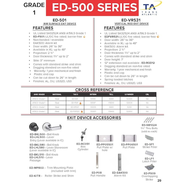 Trans Atlantic Co. 300 Series Duronodic Grade 2 Commercial 36 in. Rim Crash Bar Exit Device - ED-301-DU