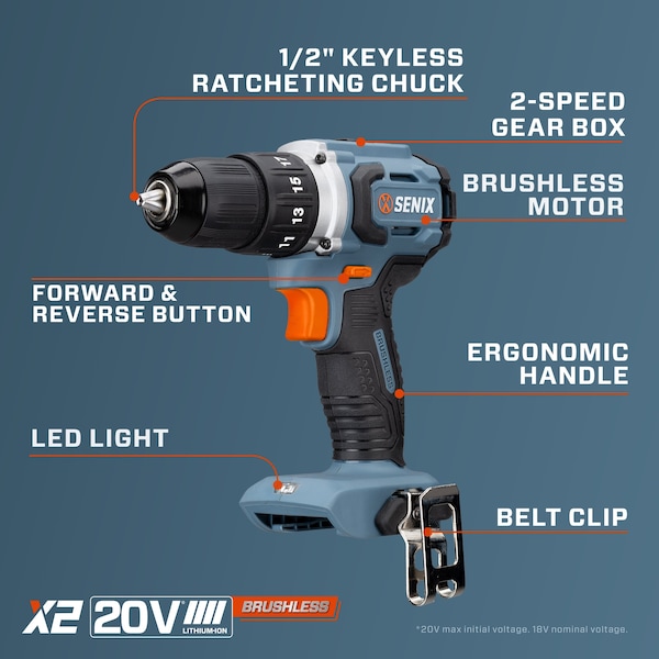 Senix 20 Volt Max Brushless 1/2-in. Drill Driver, 2 Ah Battery, 2A Charger and Soft Bag Included - PDDX2-M2