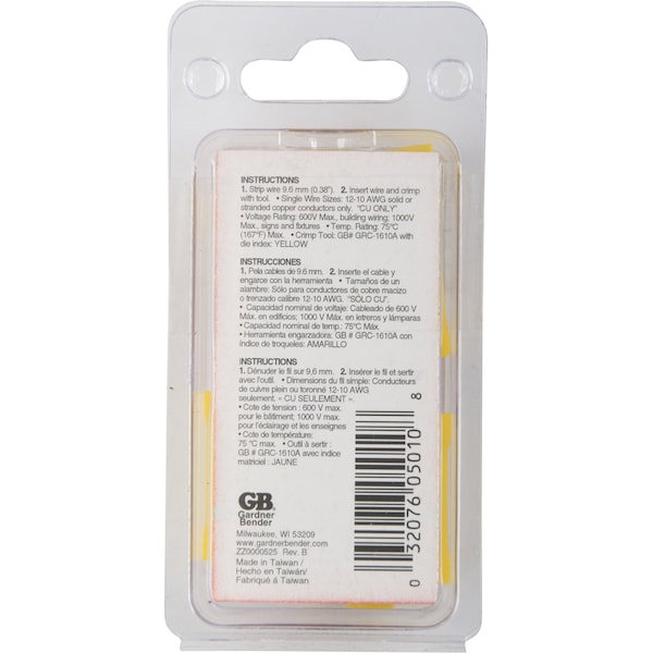 Gardner Bender Butt Splice Connector, 600 V, 12 to 10 AWG Wire, Yellow - 20-126