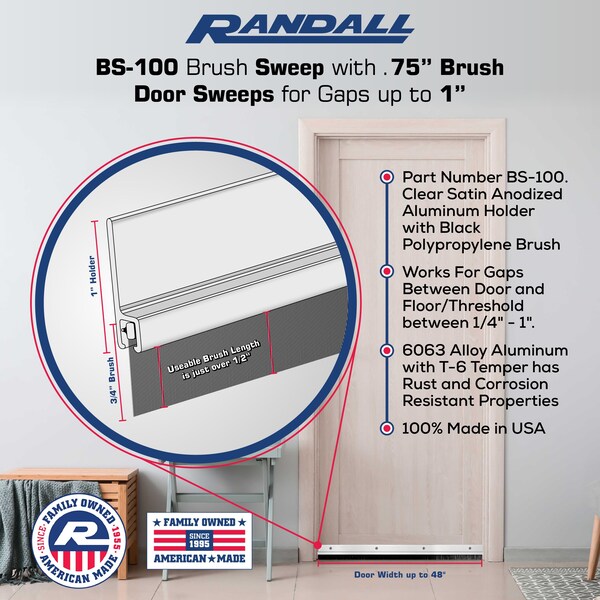 Randall 4' Gold Anodized Aluminum Brush Door Sweep For Gap Up To 1" - 4 FT BS-100-G