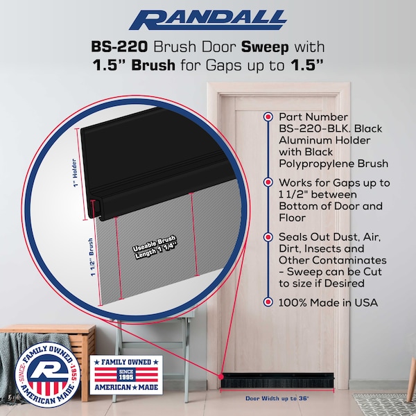 Randall 3' Black Aluminum Brush Door Sweep For Gap Up To 1 1/2" - 3 FT BS-220-BLK