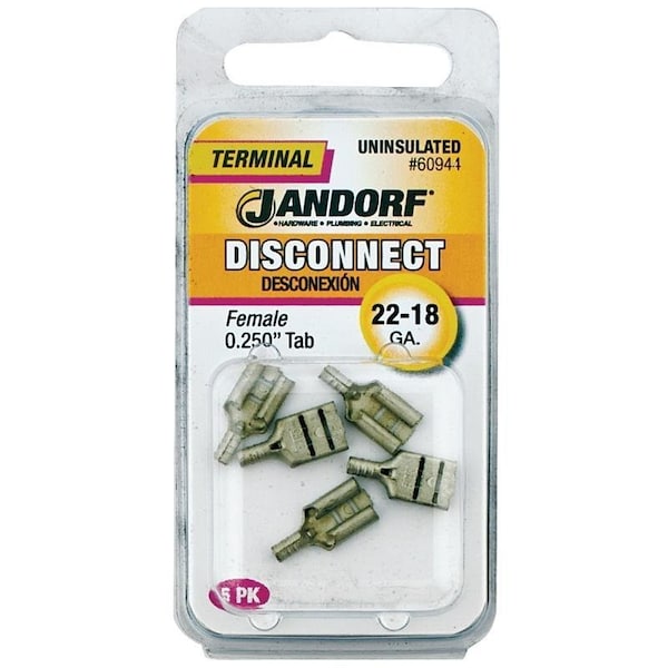 Jandorf Disconnect Terminal, 22 to 18 AWG Wire, Copper Contact, 5PK - 60944
