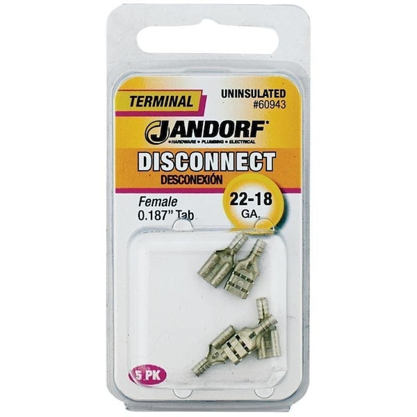Jandorf Disconnect Terminal, 22 to 18 AWG Wire, Copper Contact, 5PK - 60943