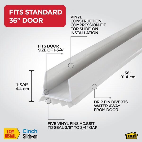 M-D Building Products 36 in. White Vinyl CINCH U-Shape Slide-On Under Door Seal - 43336