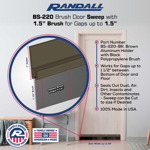 Randall 3' Brown Aluminum Brush Door Sweep For Gap Up To 1 1/2" - 3 FT BS-220-BR