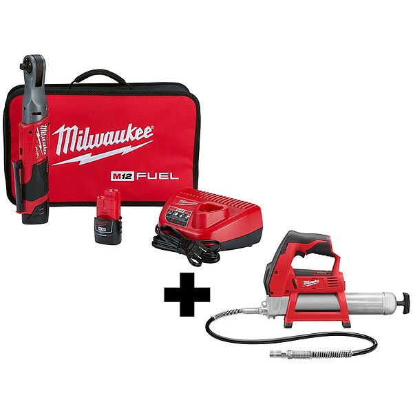 Milwaukee Tool M12 3/8" Ratchet, 2 Batteries, M12 Grease Gun - 2557-22, 2446-20