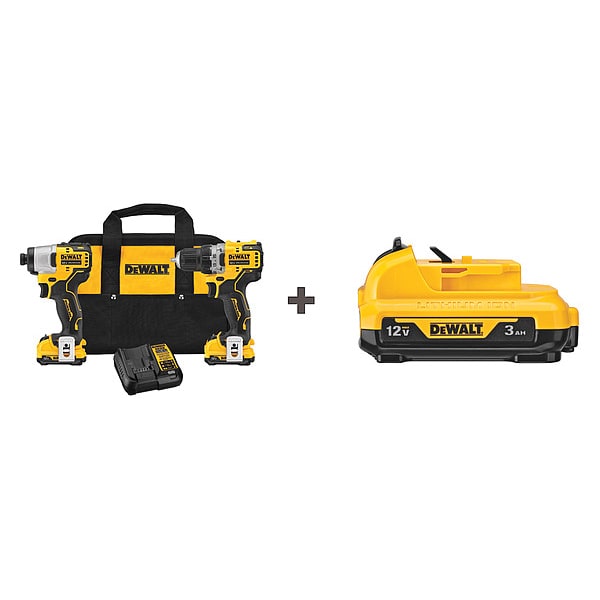 Dewalt Cordless Combination Kit, 2 Tools, 12V DC, Includes Batteries & Charger - DCK221F2/DCB124