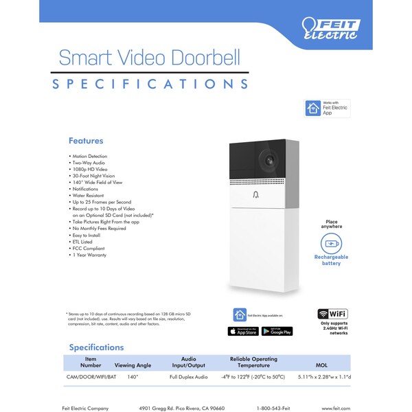 Feit Electric Feit Smart Home White Metal/Plastic Wireless Smart-Enabled Video Doorbell - CAMDOORWIFIBATG