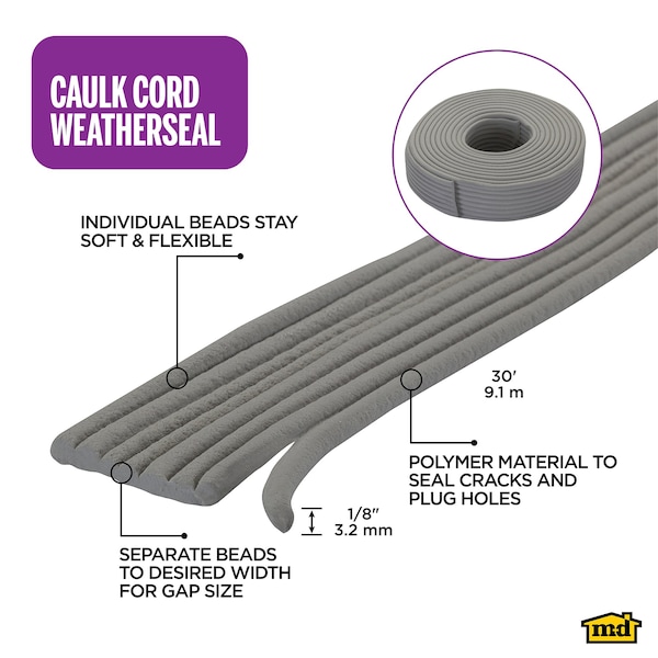 M-D Building Products 30 ft. Gray Replaceable Caulk Cord Weatherseal for Small Gaps & Cracks - 71522