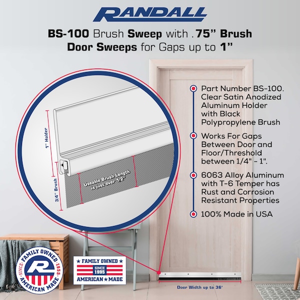 Randall 3' Gold Anodized Aluminum Brush Door Sweep For Gap Up To 1" - 3 FT BS-100-G