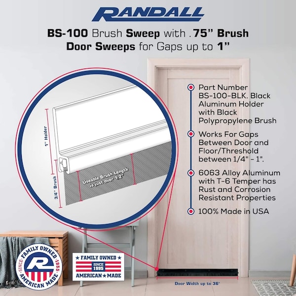 Randall 4' Black Aluminum Brush Door Sweep For Gap Up To 1" - 4 FT BS-100-BLK