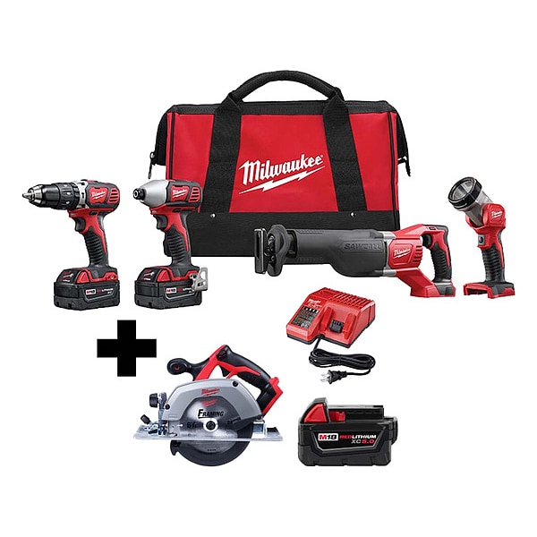 Milwaukee Tool M18 4-Tool Kit, M18 6" Circ Saw, M18 5.0 - 2696-24, 2630-20, 48-11-1850