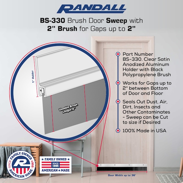Randall 3' Clear Satin Anodized Brush Door Sweep For Gap Up To 2" - 3 FT BS-330