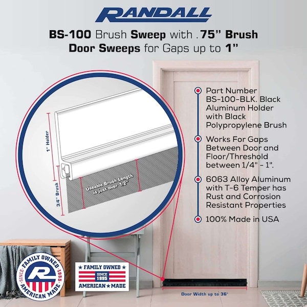 Randall 7' Black Aluminum Brush Door Sweep For Gap Up To 1" - 7 FT BS-100-BLK