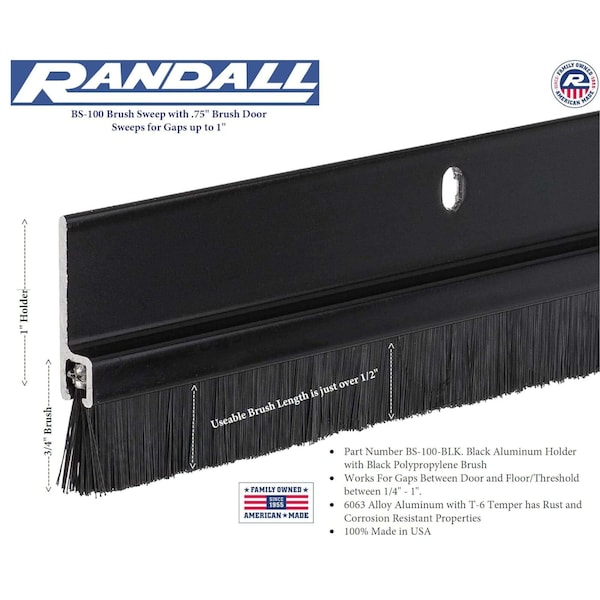 Randall 7' Black Aluminum Brush Door Sweep For Gap Up To 1" - 7 FT BS-100-BLK