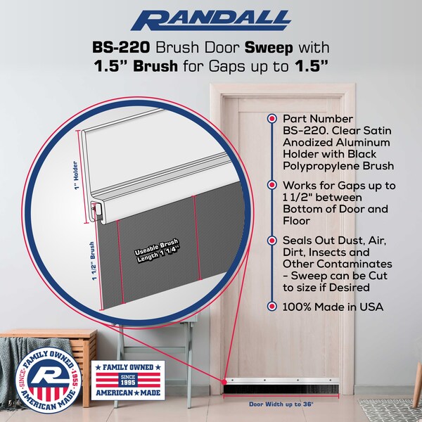 Randall 3' Clear Satin Anodized Brush Door Sweep For Gap Up To 1 1/2" - 3 FT BS-220