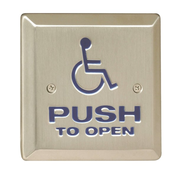 Camden 4-1/2-in Square Push Plate Switch, Exposed Screws, SPDT Relay, 'Push to Open' Text/Wheelchair Symbol - CM-46/4