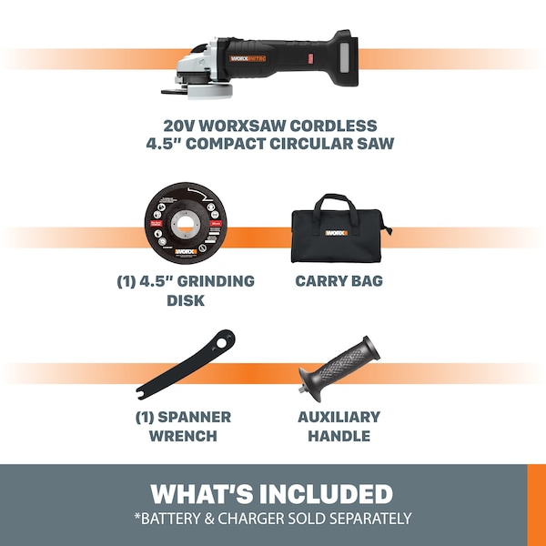 Worx 20V Power Share 4.5 in. Cordless Angle Grinder with Brushless Motor, Tool Only - WX812L.9