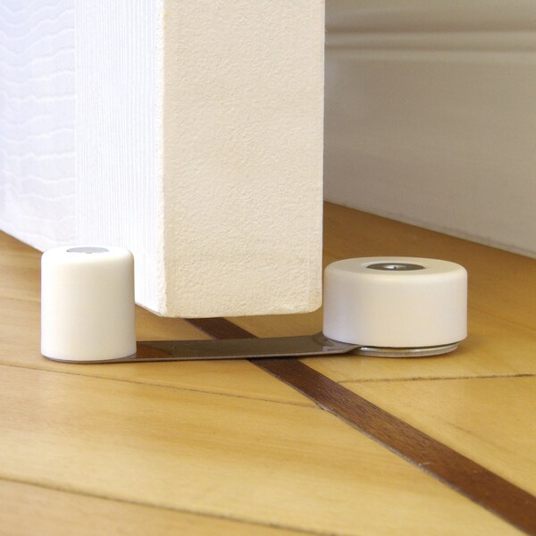 Prime-Line Door Stop w/ Door Retainer on Pivoting Arm, White, w/Adhesive Back, For 1-3/4 in. Thick Door - U 101112
