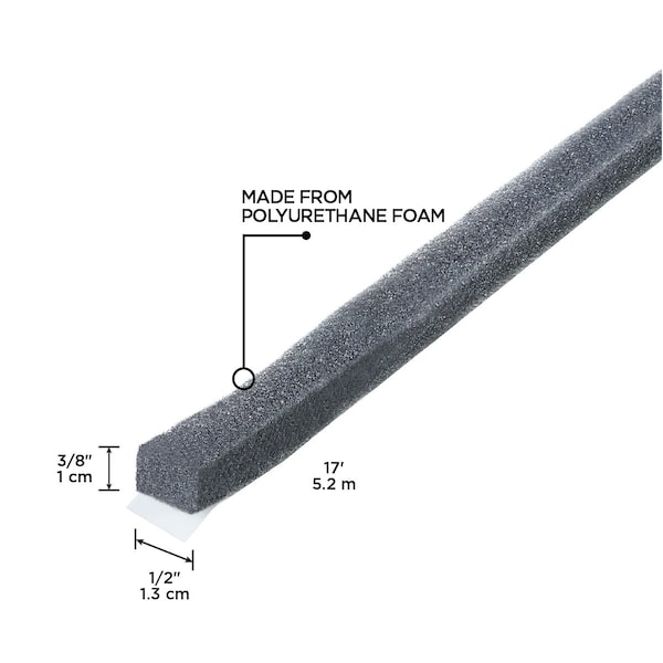 Zoro Select 1/2"W x 3/8"H x 17'L, Foam Seal, Gray - 2RRE8