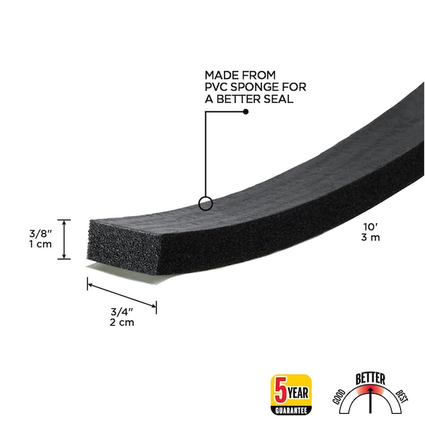 Zoro Select Foam Seal, 10 ft., 3/4 in. W, Black, Rubber - 2RRF4