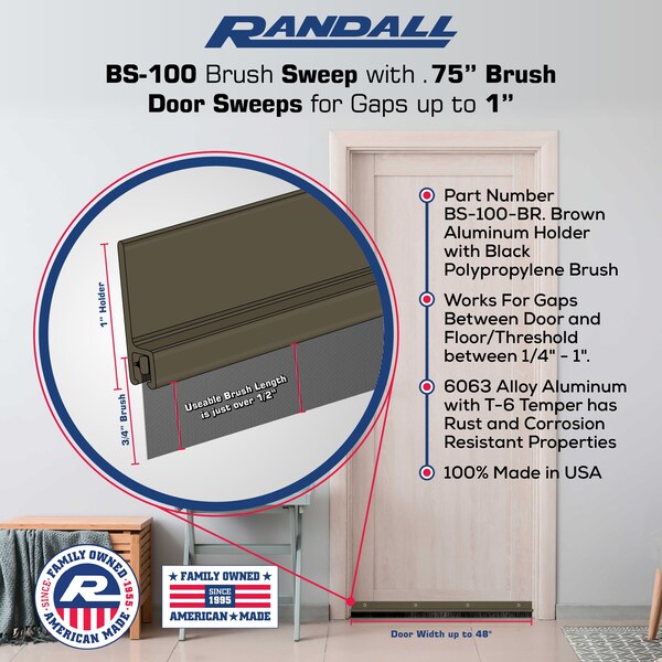 Randall 4' Brown Aluminum Brush Door Sweep For Gap Up To 1" - 4 FT BS-100-BR