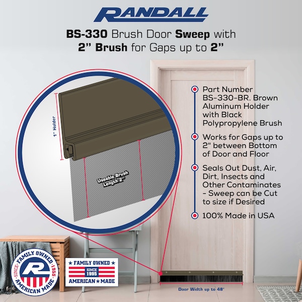 Randall 4' Brown Aluminum Brush Door Sweep For Gap Up To 2" - 4 FT BS-330-BR