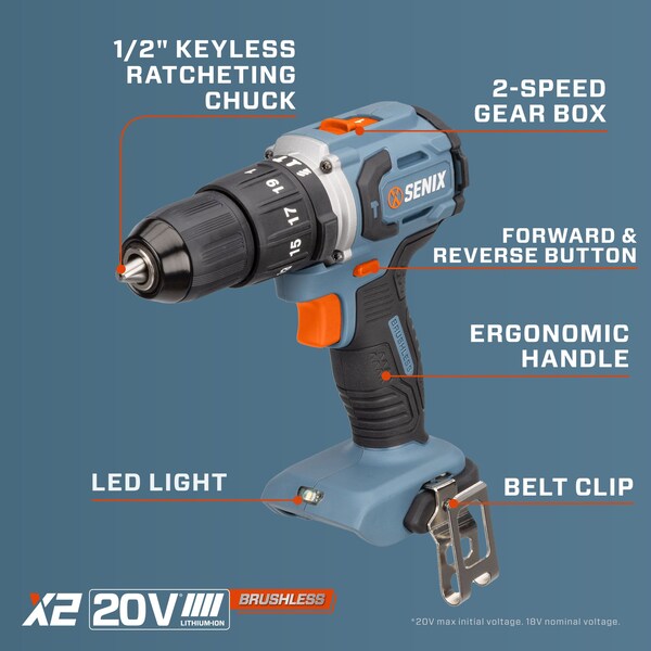 Senix 20 Volt Max Brushless 1/2-in. Hammer Drill Driver, 2 Ah Battery, 2A Charger and Soft Bag Included - PDHX2-M2