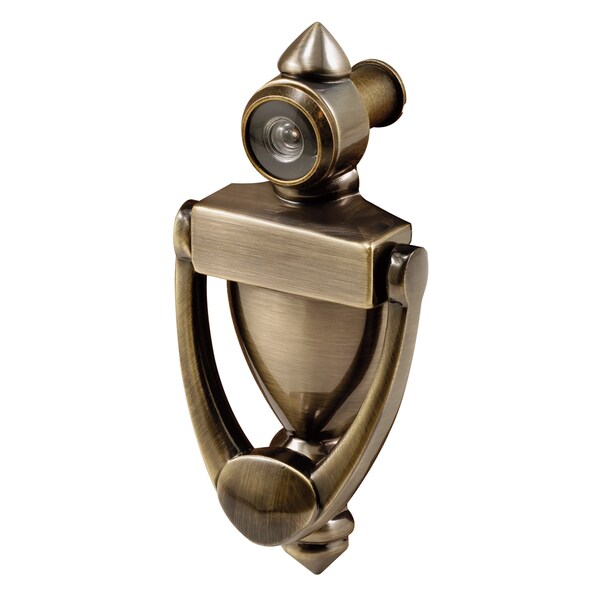 Prime-Line Door Knocker and Viewer, Diecast Construction, Antique Brass Finish Single Pack - S 4235