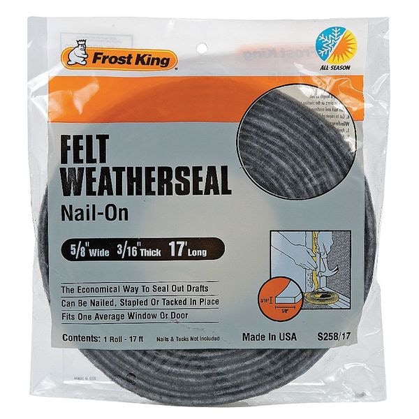 Frost King 5/8"W x 3/16"H x 17'L, Felt Weatherseal, Gray - S258/17H